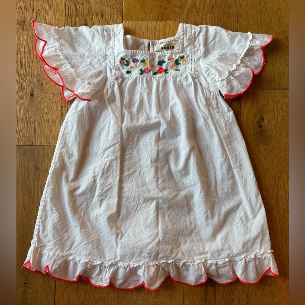 Mini Boden White Dress with Pink Trim and Floral Embroidery